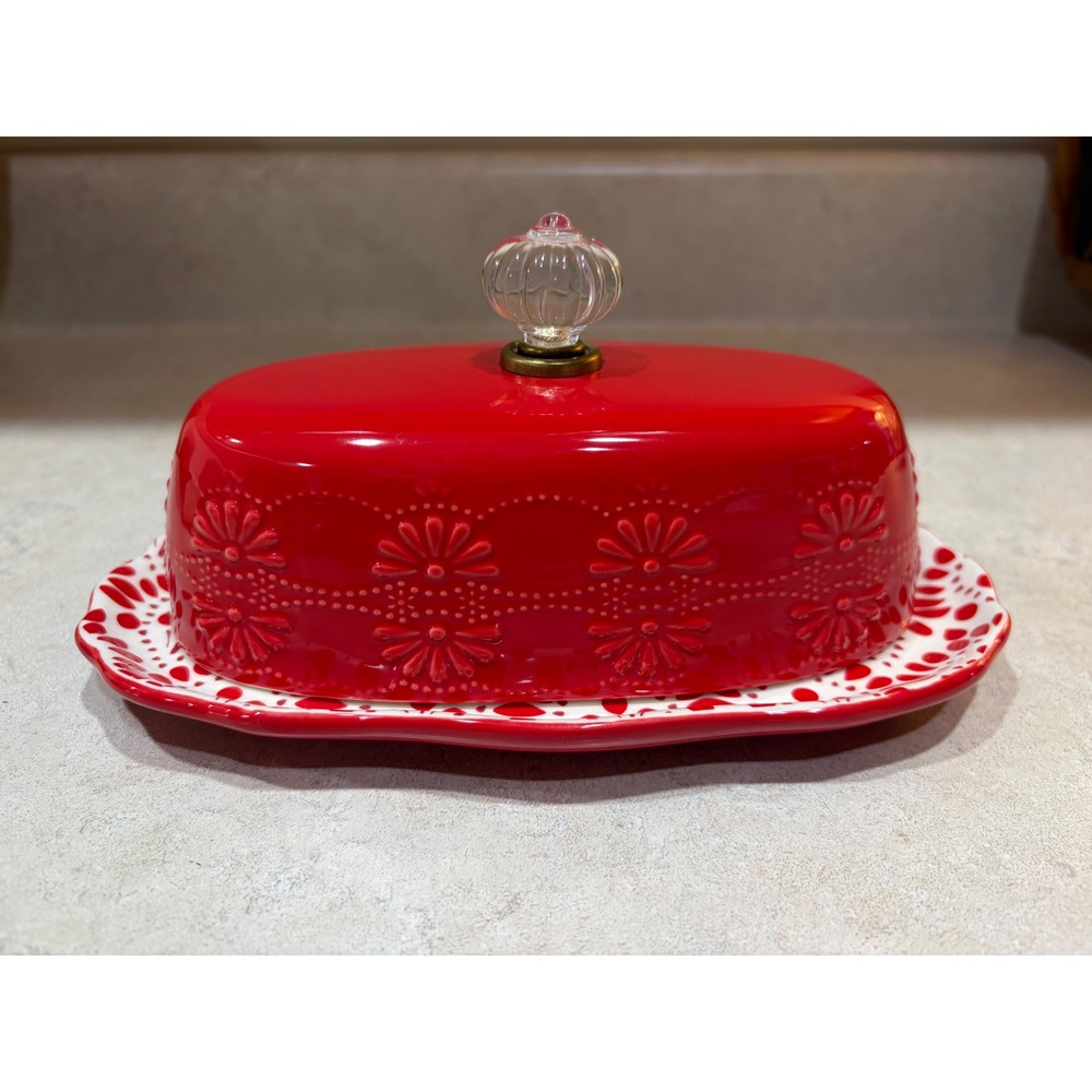 The Pioneer Woman Butter Dish Red Floral Bursts Stoneware Farmhouse Glass Knob